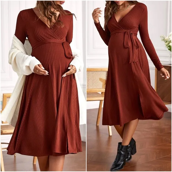 Maternity Black Ribbed Long Sleeve Minimalist Dress