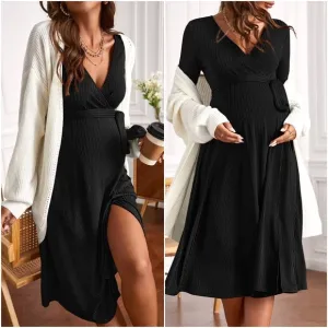 Maternity Black Ribbed Long Sleeve Minimalist Dress