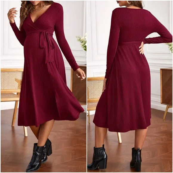 Maternity Black Ribbed Long Sleeve Minimalist Dress