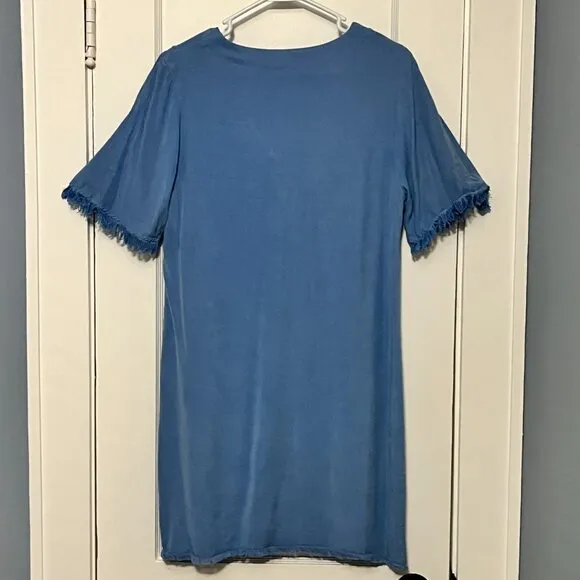 Maven West raw edge mini shift dress fringe blue size medium minimialist beach