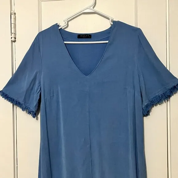 Maven West raw edge mini shift dress fringe blue size medium minimialist beach