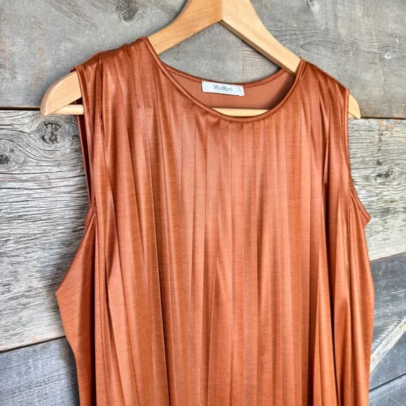 Max Mara Pleated Sleeveless Dress Copper Flowy Feminine Goddess Minimalist M