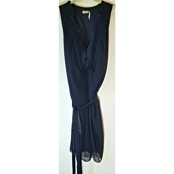 Max Studio Black Silk &amp; Satin Sleeveless V Neck Belted Mini Dress Preppy Luxury