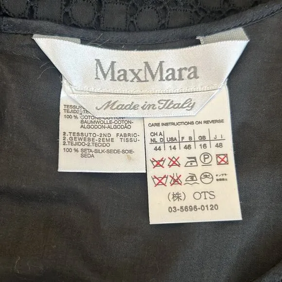 MaxMara Women’s Tempra Sleeveless Black Lace Crochet Cotton Shift Midi Dress 14