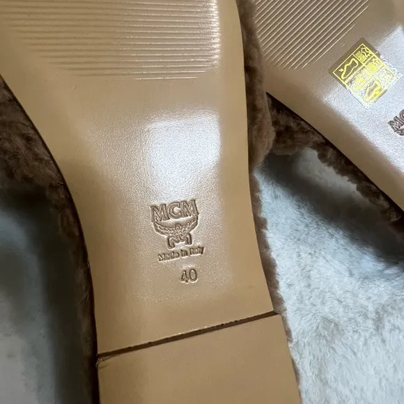 MCM Shearling Logo Slides – Brown Fuzzy Slippers