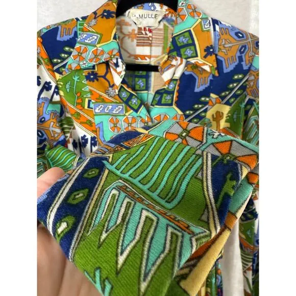 McMullen boutique Aztec novelty dessert pattern belted dress
