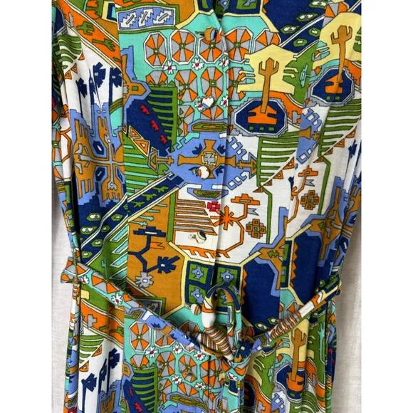 McMullen boutique Aztec novelty dessert pattern belted dress