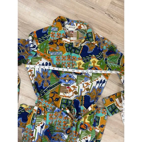 McMullen boutique Aztec novelty dessert pattern belted dress