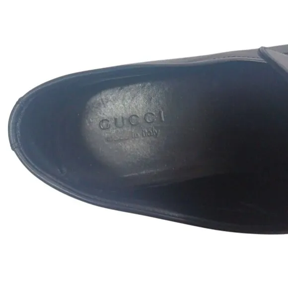Men's Gucci Florence Black Leather Slip On Loafers Silver G Spell Out Logo