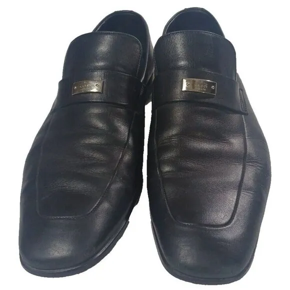 Men's Gucci Florence Black Leather Slip On Loafers Silver G Spell Out Logo