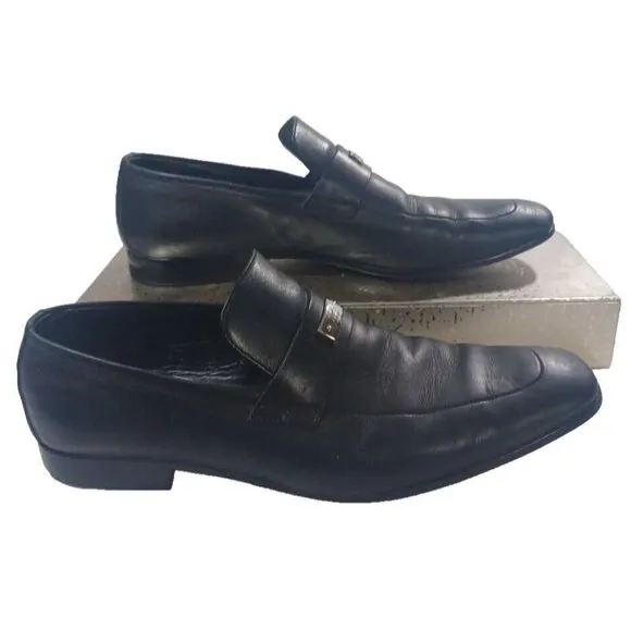 Men's Gucci Florence Black Leather Slip On Loafers Silver G Spell Out Logo