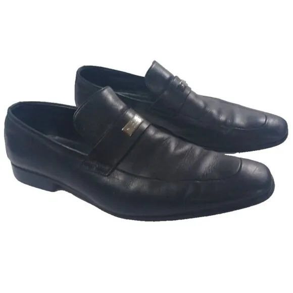 Men's Gucci Florence Black Leather Slip On Loafers Silver G Spell Out Logo