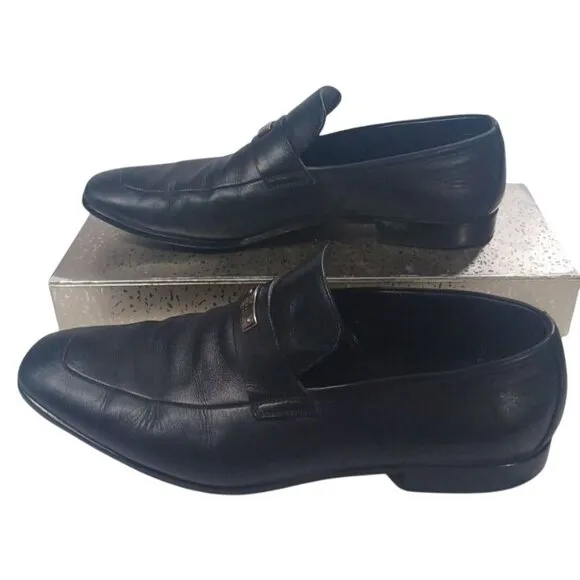 Men's Gucci Florence Black Leather Slip On Loafers Silver G Spell Out Logo