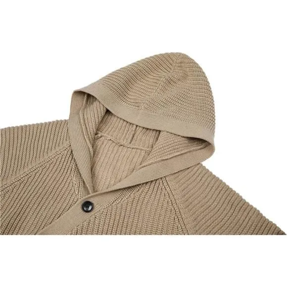 Men's Long Cardigan Sweater Hood Button Closure Long Sleeve Knit Slim Fit Coat