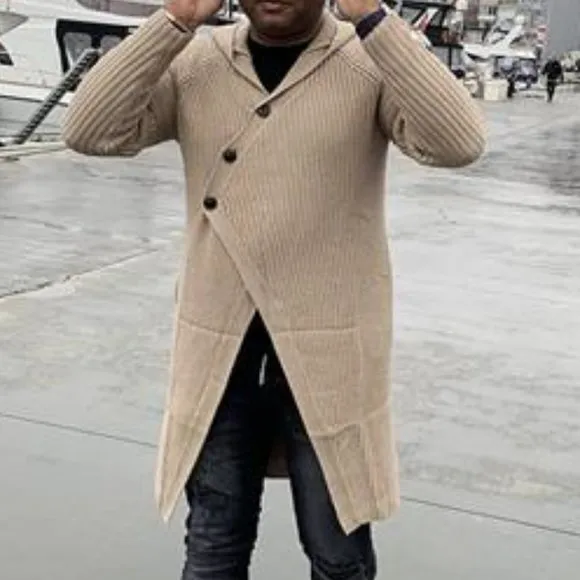 Men's Long Cardigan Sweater Hood Button Closure Long Sleeve Knit Slim Fit Coat