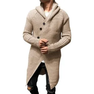 Men's Long Cardigan Sweater Hood Button Closure Long Sleeve Knit Slim Fit Coat