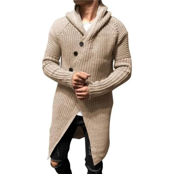 Men's Long Cardigan Sweater Hood Button Closure Long Sleeve Knit Slim Fit Coat