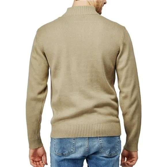 Men's Slim Fit Pullover Sweater Long Sleeve Knitted Zip Up Mock Neck, Beige