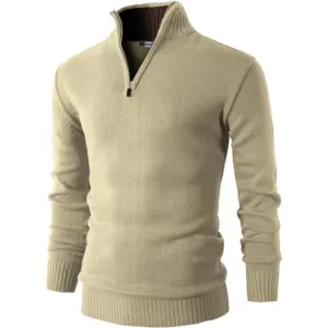Men's Slim Fit Pullover Sweater Long Sleeve Knitted Zip Up Mock Neck, Beige