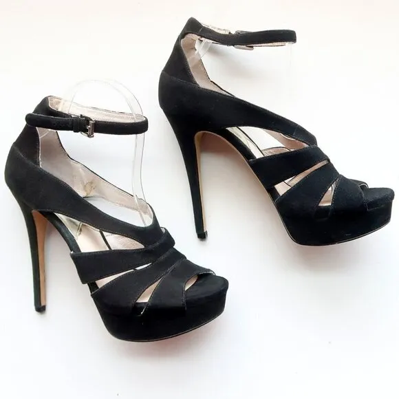 Michael Kors Black Suede Leather Ankle Strap Platform Heels Sandals Dressy Shoes