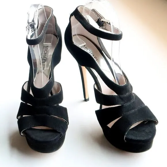 Michael Kors Black Suede Leather Ankle Strap Platform Heels Sandals Dressy Shoes