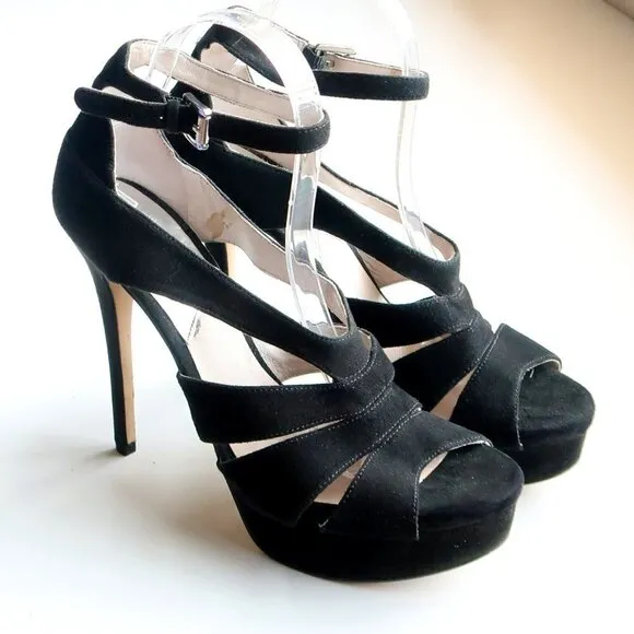 Michael Kors Black Suede Leather Ankle Strap Platform Heels Sandals Dressy Shoes