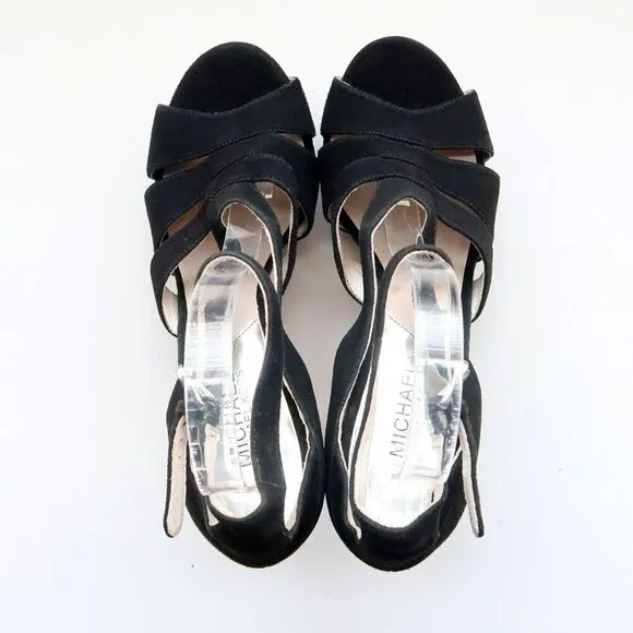 Michael Kors Black Suede Leather Ankle Strap Platform Heels Sandals Dressy Shoes