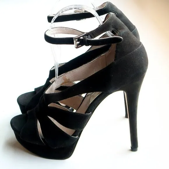 Michael Kors Black Suede Leather Ankle Strap Platform Heels Sandals Dressy Shoes
