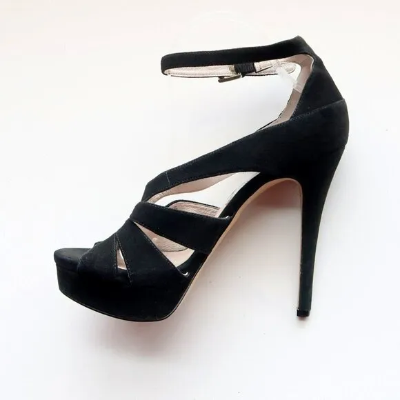 Michael Kors Black Suede Leather Ankle Strap Platform Heels Sandals Dressy Shoes