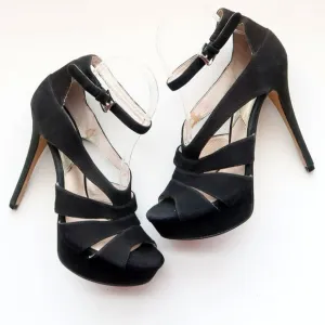 Michael Kors Black Suede Leather Ankle Strap Platform Heels Sandals Dressy Shoes