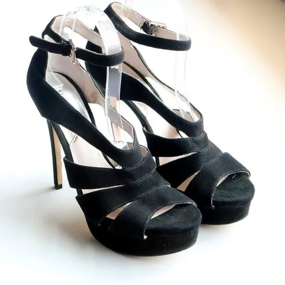 Michael Kors Black Suede Leather Ankle Strap Platform Heels Sandals Dressy Shoes