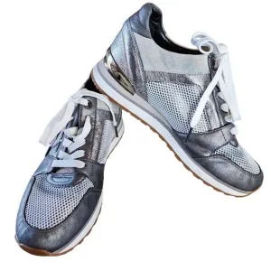 Michael Kors Silver and Grey Allie Trainer Shoes Size 8.5 Leather Walking Run