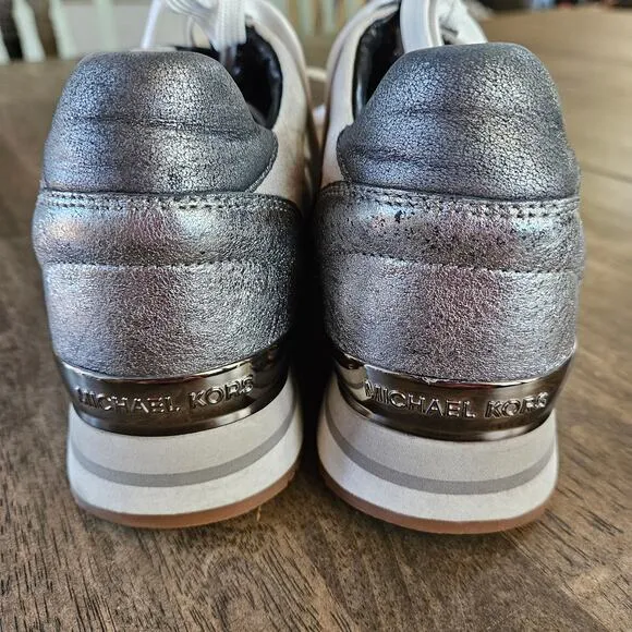 Michael Kors Silver and Grey Allie Trainer Shoes Size 8.5 Leather Walking Run