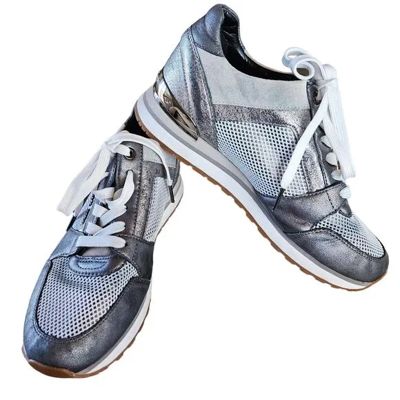 Michael Kors Silver and Grey Allie Trainer Shoes Size 8.5 Leather Walking Run