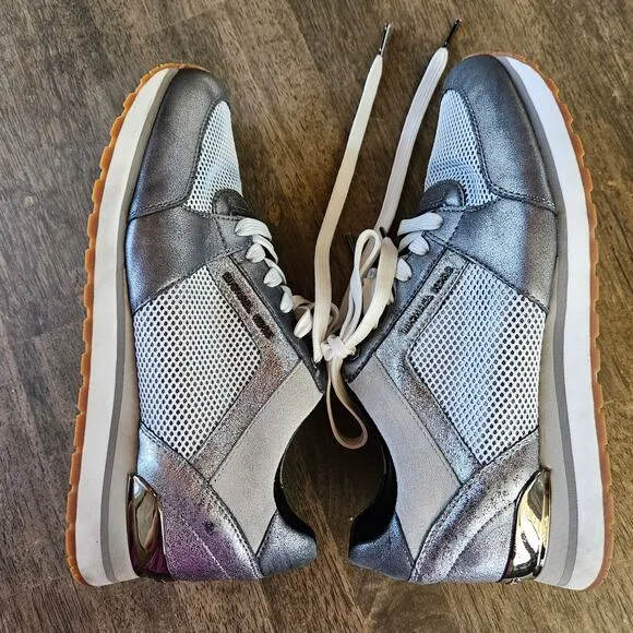 Michael Kors Silver and Grey Allie Trainer Shoes Size 8.5 Leather Walking Run