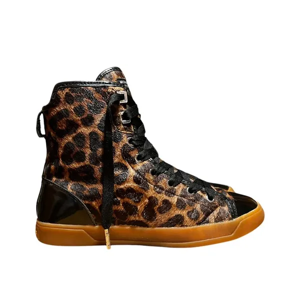 MICHAEL KORS Womans Leopard Print Calf Hair Leather Hight Tops Sz 7.5