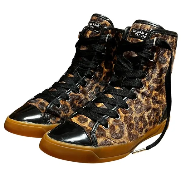 MICHAEL KORS Womans Leopard Print Calf Hair Leather Hight Tops Sz 7.5
