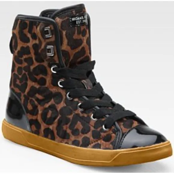 MICHAEL KORS Womans Leopard Print Calf Hair Leather Hight Tops Sz 7.5