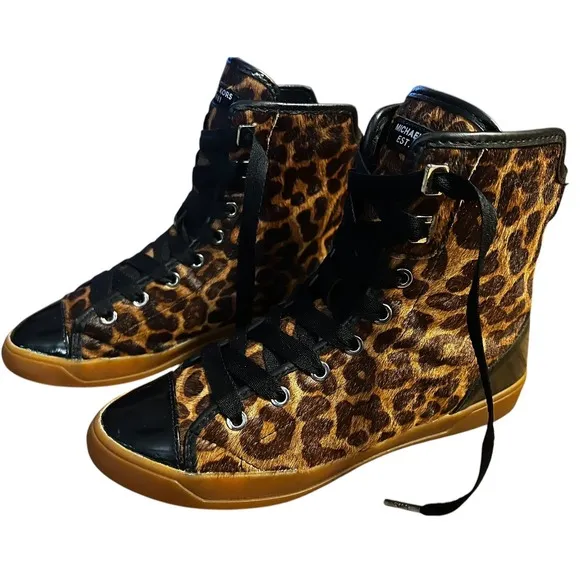 MICHAEL KORS Womans Leopard Print Calf Hair Leather Hight Tops Sz 7.5