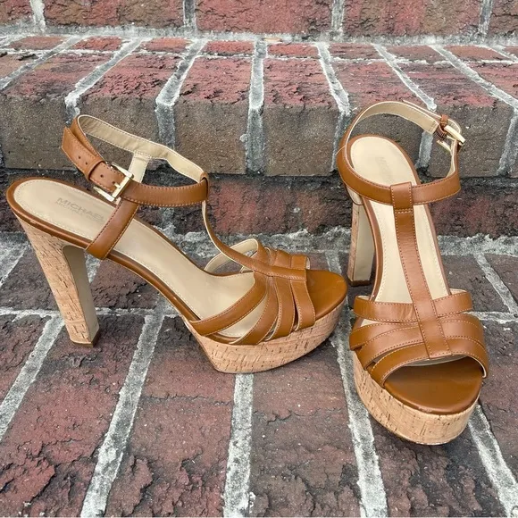 Michael Michael Kors Brown Leather Strappy Cork Heeled Platform Sandals Size 11M