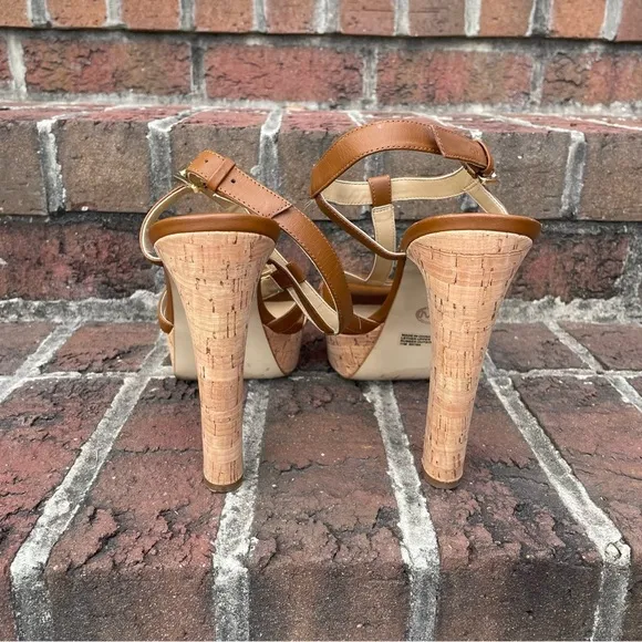 Michael Michael Kors Brown Leather Strappy Cork Heeled Platform Sandals Size 11M