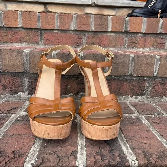 Michael Michael Kors Brown Leather Strappy Cork Heeled Platform Sandals Size 11M
