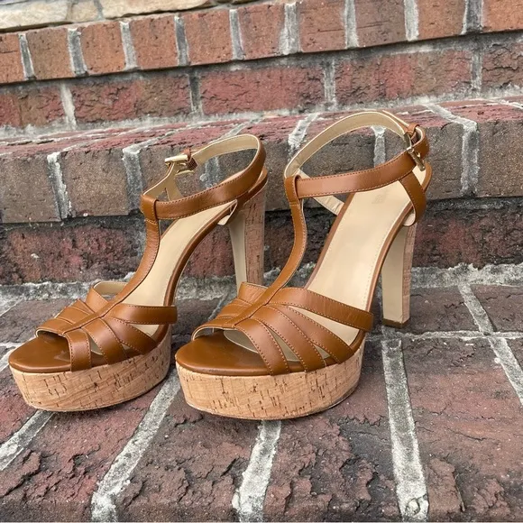 Michael Michael Kors Brown Leather Strappy Cork Heeled Platform Sandals Size 11M