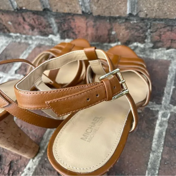 Michael Michael Kors Brown Leather Strappy Cork Heeled Platform Sandals Size 11M