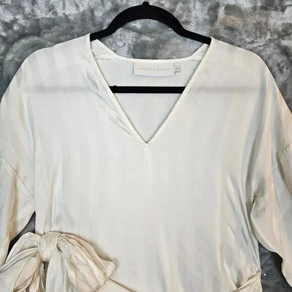 Michelle Mason Dress Womens 0 White Striped Silk Mini Resort Quiet Luxury
