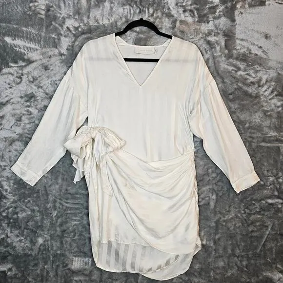 Michelle Mason Dress Womens 0 White Striped Silk Mini Resort Quiet Luxury