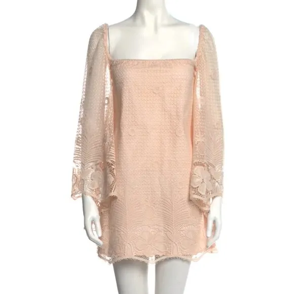 Miguelina Luxury Lace Mini Dress – Peach/Apricot Embroidered Resortwear