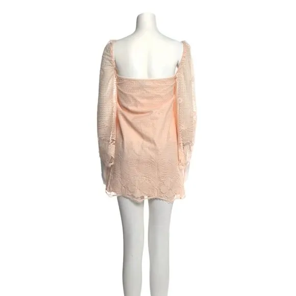 Miguelina Luxury Lace Mini Dress – Peach/Apricot Embroidered Resortwear