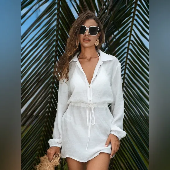 Minimalist boho buttoned down black mini dress long sleeve thin collared