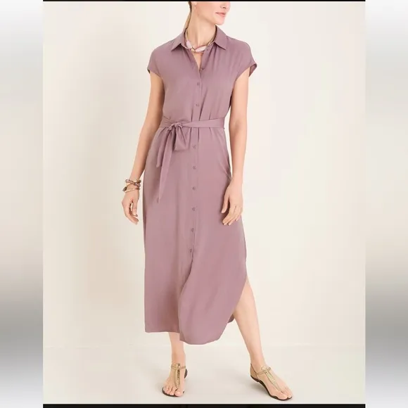 Minimalist Coastal Elegant CHICO'S Mauve Button Down Flowy Shirt Dress Size 2 XL